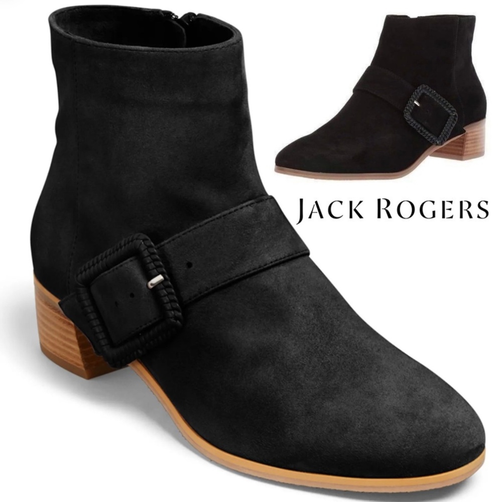 Jack Rogers Izzie Black Suede Ankle Boots Block Heel Round Toe Leather Booties 7